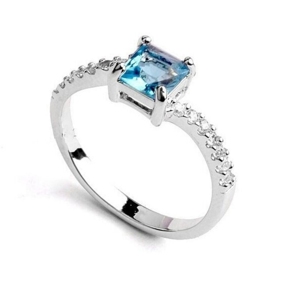 Blue Topaz CZ Ring Princess Cut WGP New